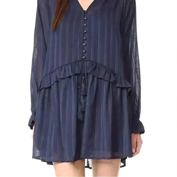 Line + Dot Navy Desi Flounce Striped Button Front Tassel Swing Dress Size M - Picture 1 of 13